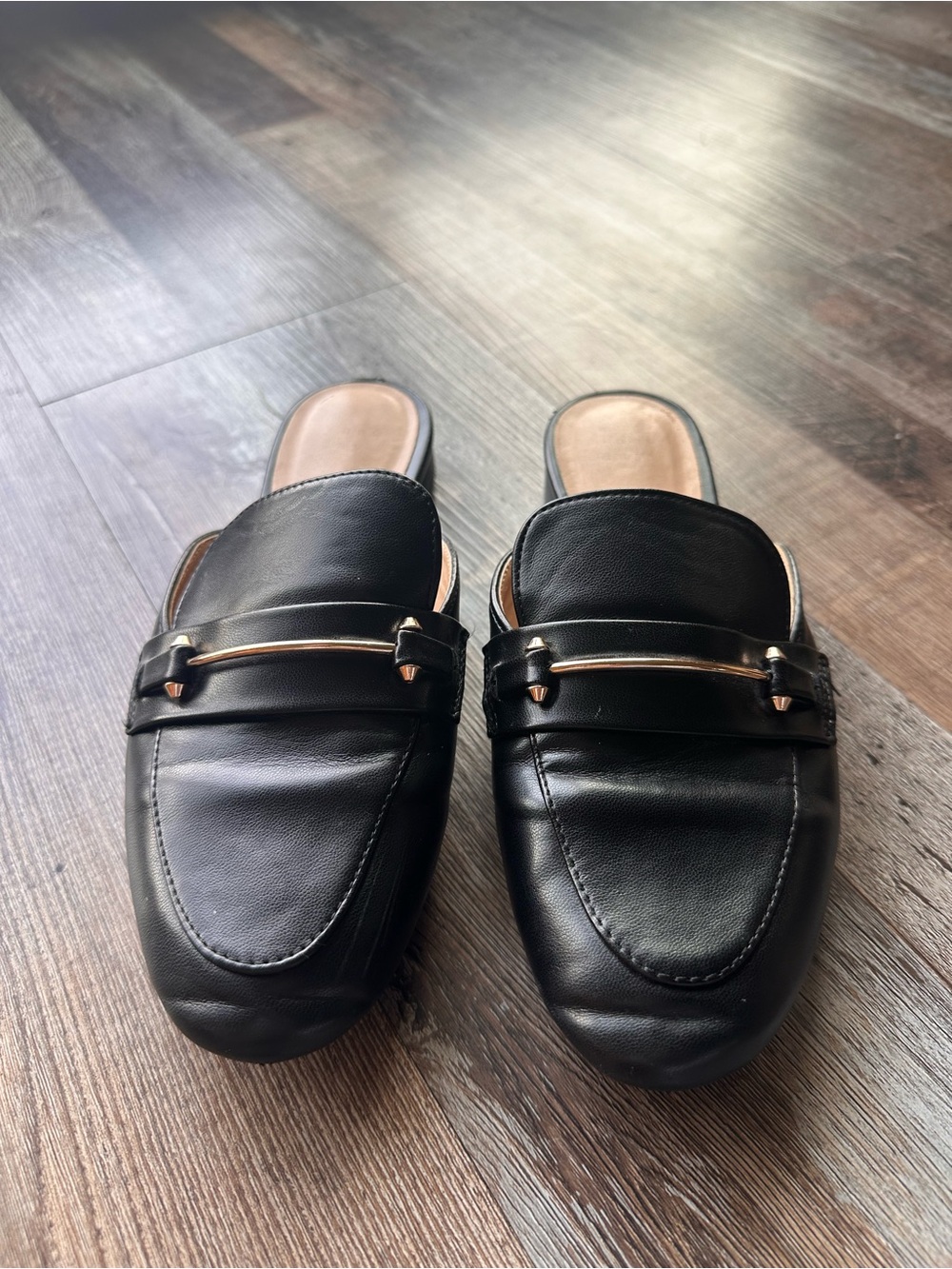 A New Day Black Leather Backless Mule Loafers with Gold Bar Size 7